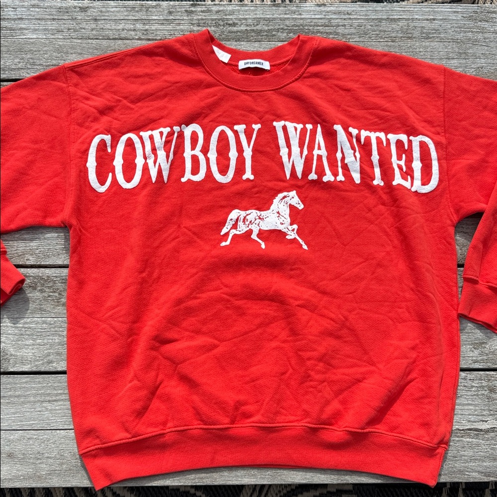 Daydreamer Red "Cowboy Wanted" Pullover Sweatshirt with White Horse Graphic